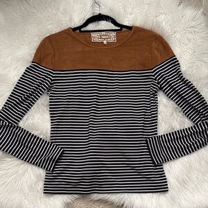 Pink Martini  Brown and Navy Striped Long Sleeve Top with faux suede